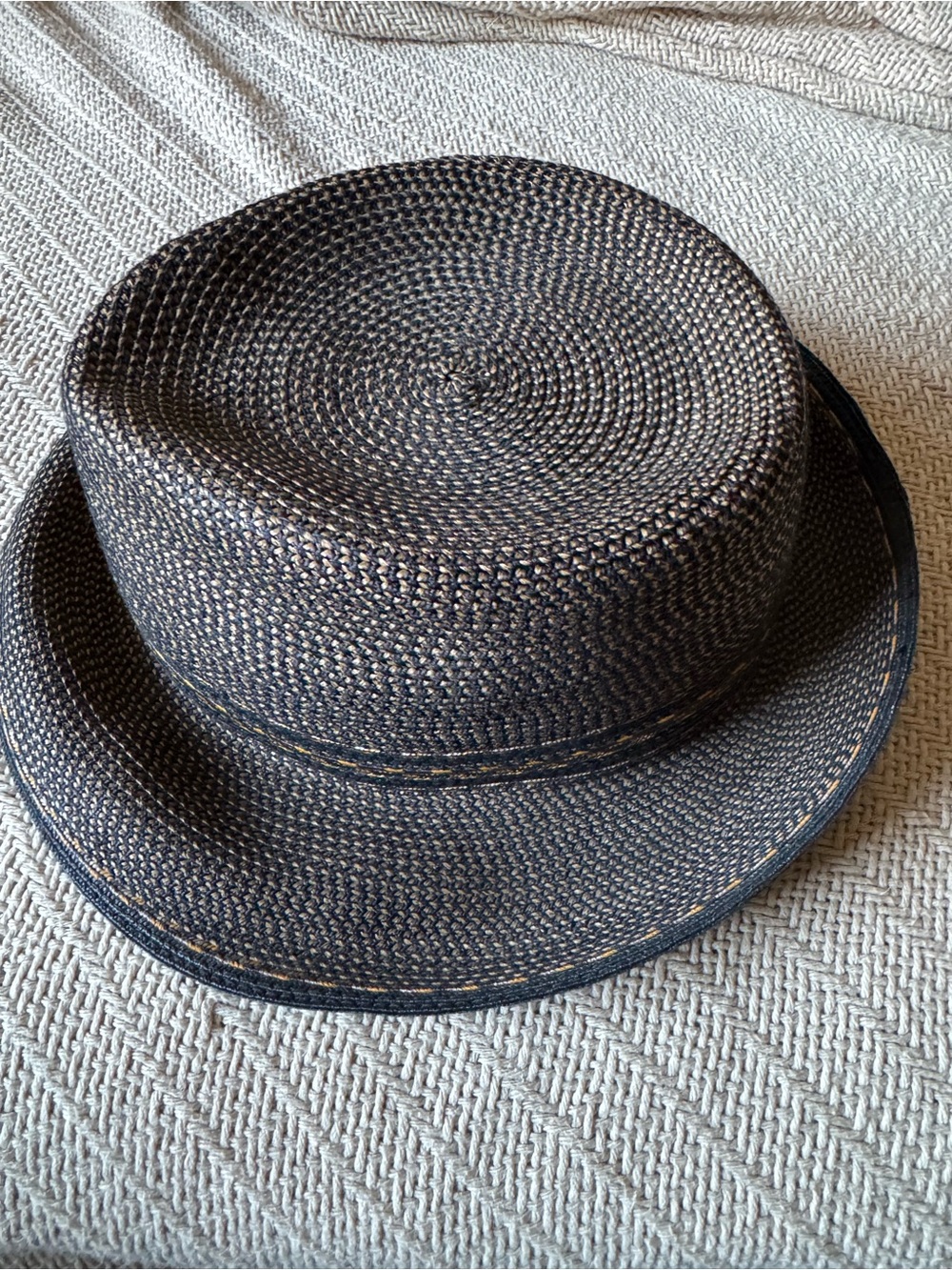 Eric Javits Black Woven Straw Fedora Hat, black with gold - Picture 2 of 8